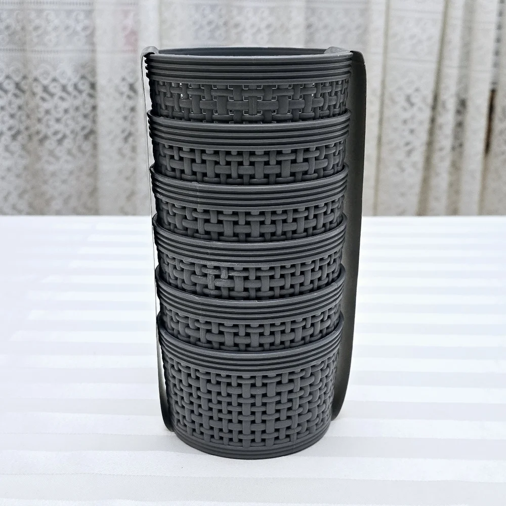 New 6pc Farberware Small Storage Bins Set Weave Gray Round Desktop Containers